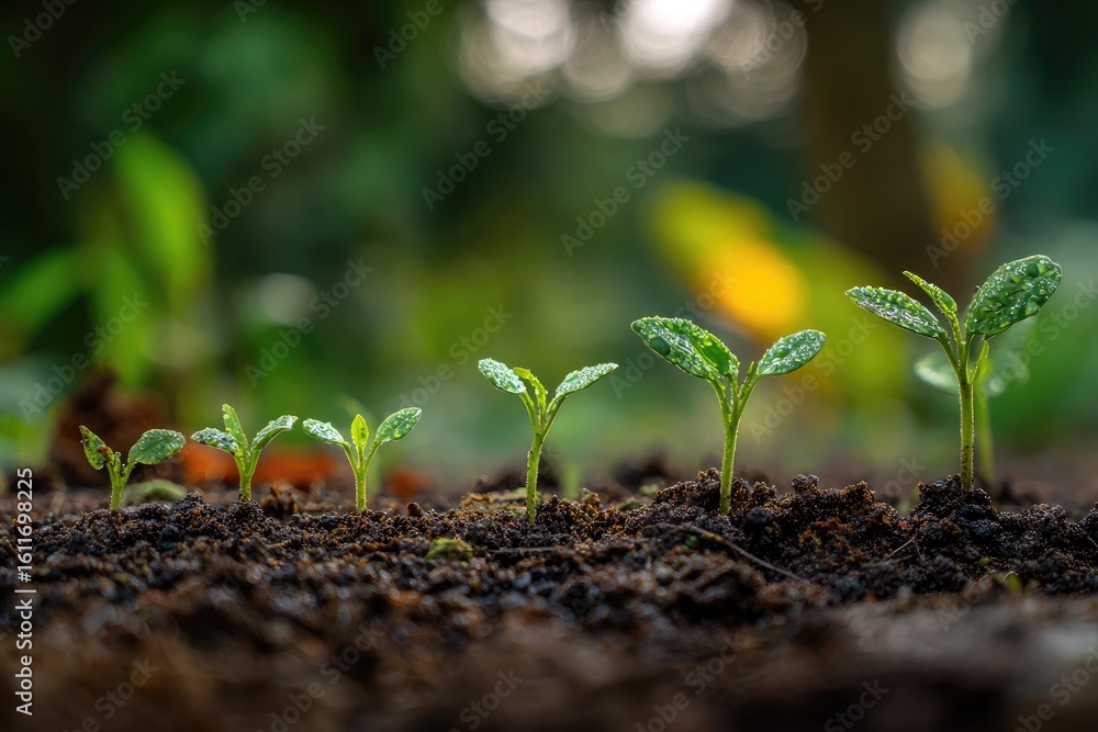 Fototapeta premium Five seedlings of varying heights emerge from dark soil, showcasing different growth stages against a blurred, sunlit backdrop