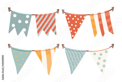 Festive Bunting Decorations: Colorful and playful bunting, adorned with cheerful patterns, hanging in a vibrant and delightful display. Perfect for celebrations.