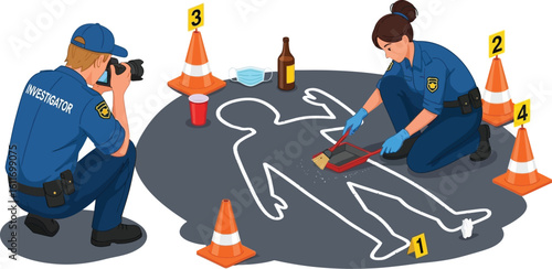 Investigators examine crime scene, documenting evidence with camera and brushes
