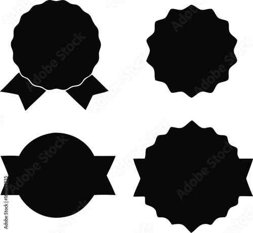 Collection of Four Black Silhouette Badge and Label Designs on a White Background Perfect for Logos and Graphic Elements