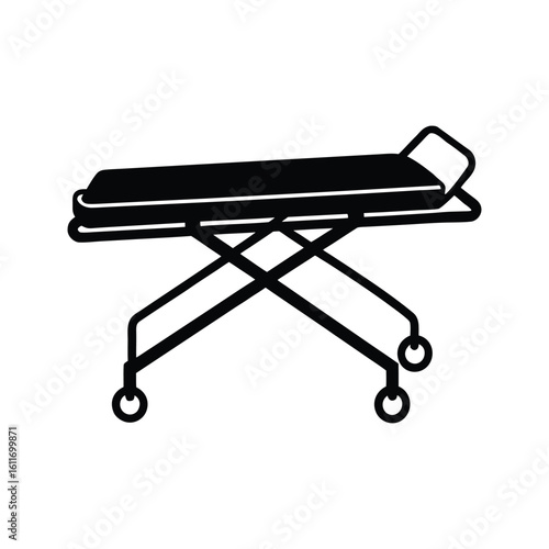 Black and white medical stretcher icon depicting patient transportation for emergency situations