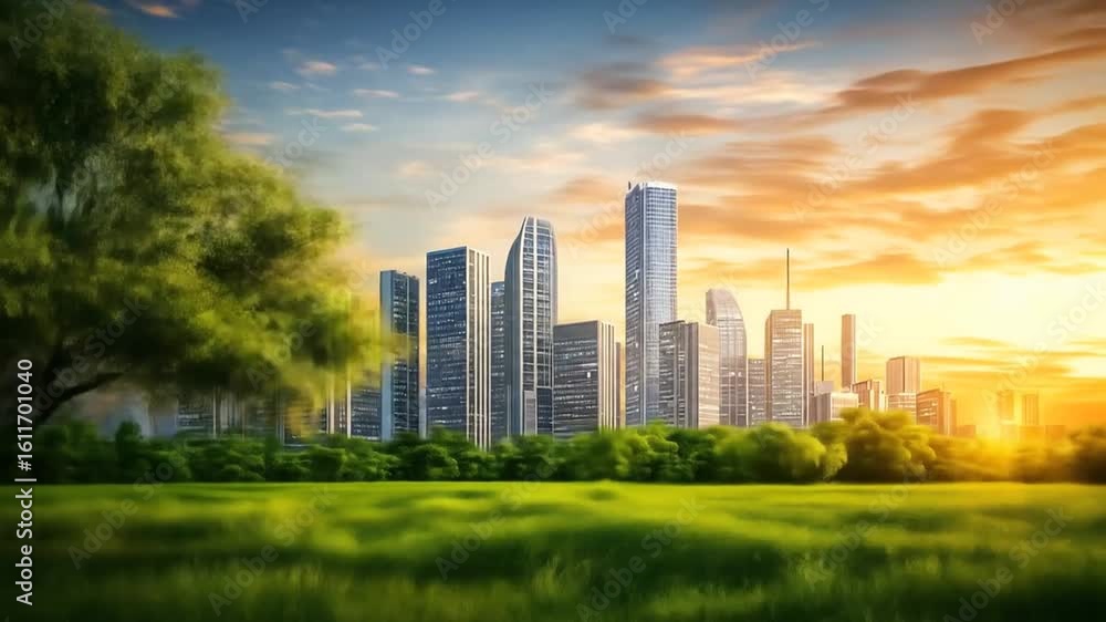 Cityscape at Sunrise over a Meadow Cityscape at Sunrise over a Meadow