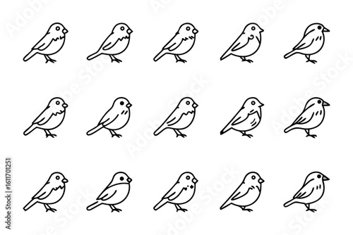 Bird pattern: A collection of simple, elegant outline illustrations of a bird, perfectly arranged in a repetitive pattern. Each bird illustration evokes a sense of tranquility.