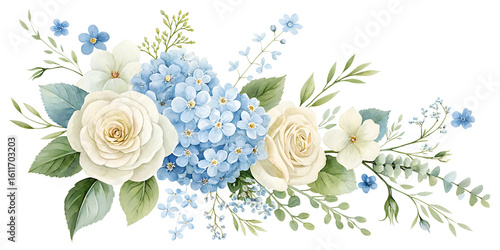Fototapeta Naklejka Na Ścianę i Meble -  Cream roses and blue hydrangeas with greenery flowers