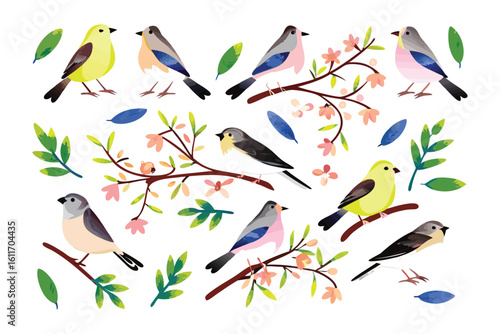 Feathered Serenity: A delicate watercolor painting displays vibrant birds of various species, gracefully perched on blossoming branches, surrounded by fresh green leaves.