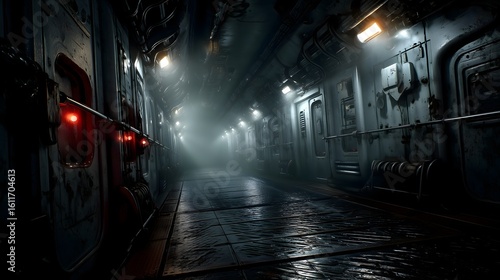 Fototapeta Naklejka Na Ścianę i Meble -  Emergency strobes in dim space station corridor