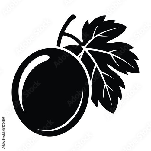 Black silhouette of a plum with leaves and stem on white background fruit