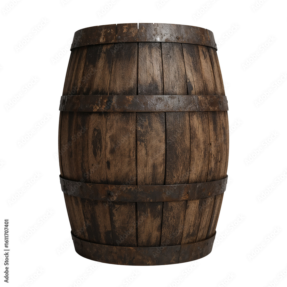 Obraz premium Rustic wooden barrel with metal hoops, aged and weathered for vintage design elements, on
