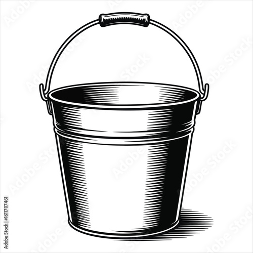 Black and White Bucket Illustration with Handle and Shadow