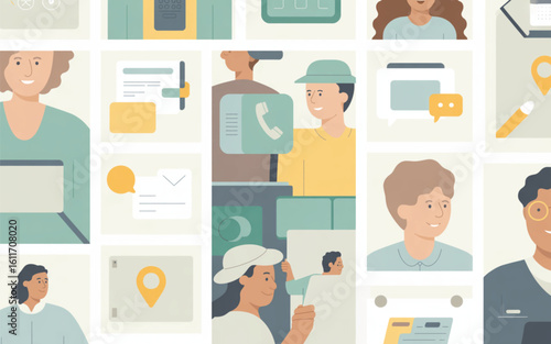 Diverse people interacting with technology and communication icons
