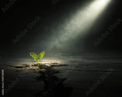 A small plant growing through cracked earth under a spotlight in a dark environment scene image