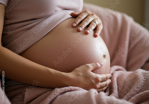 Pregnant woman gently cradling her large, blossoming belly, feeling the movement of her unborn child.