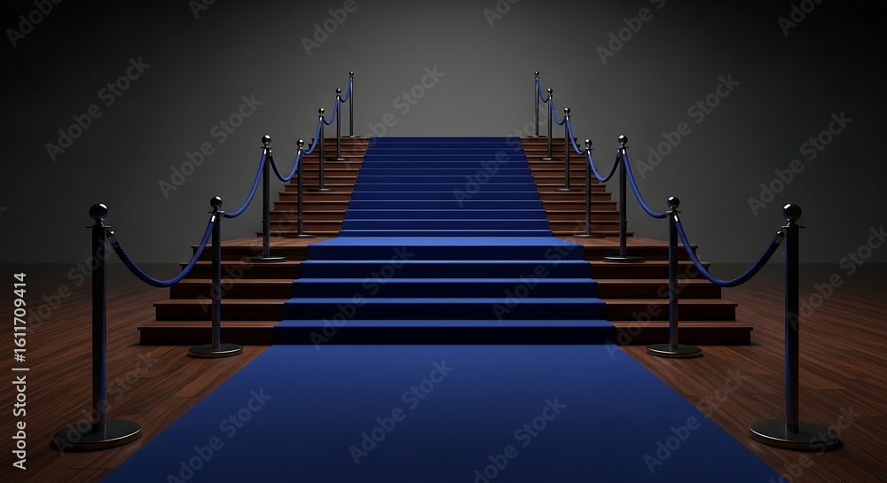 Fototapeta premium Formal staircase with blue carpet and barriers, elegance and exclusiveness