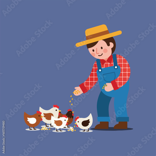 An adorable, cartoon-style image shows a farmer feeding a group of chickens with a blue background.
