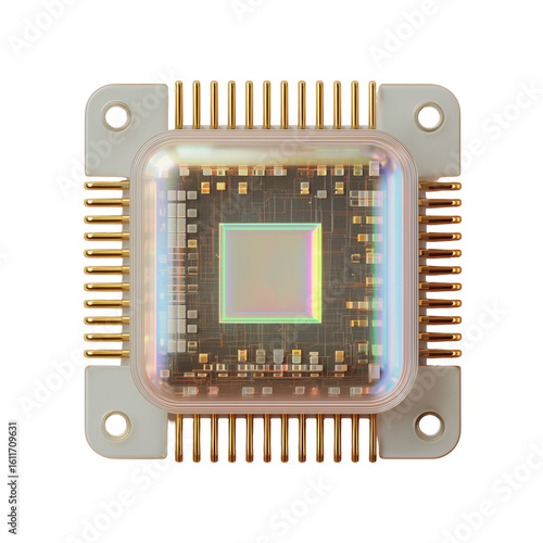 simple, flat computer chip with light colour scheme, for use on light website, holographic details.