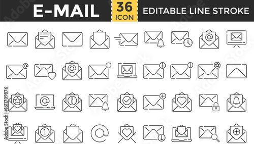 Mail and Email Line Icon Set. Pixel perfect and Outline Editable Stroke Icons collection for Postal Letter, Mailbox, Email, Post Office, Envelope, Messaging, and Communication

