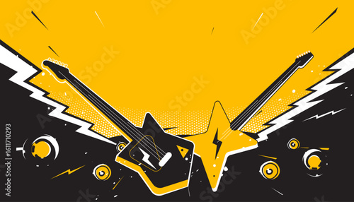 Party music decorations with guitar on abstract background design template for a music festival banner or concert poster.
