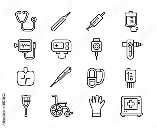 Collection of black line art medical equipment icons on white background stethoscope thermometer