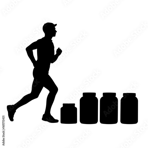 Silhouette of runner beside supplement containers – Athletic support, endurance performance