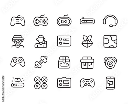 Collection of black outline icons related to gaming and technology on a white background controller joystick