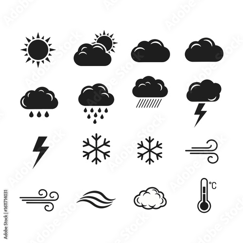 Weather forecast icons predicting sun, clouds, rain, snow, wind, temperature changes