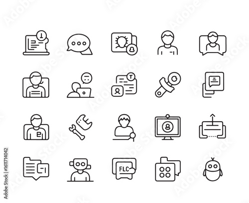 Collection of black outline icons representing communication and user interface elements vector