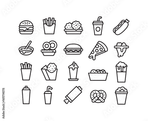 Collection of black outline icons representing fast food and drinks on a white background burger