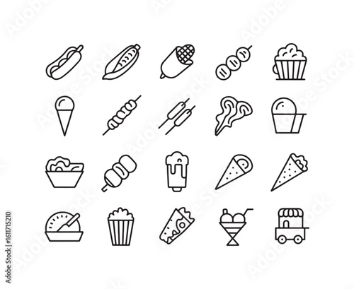 Collection of black outline icons representing various food items and a food cart hot dog corn on the cob