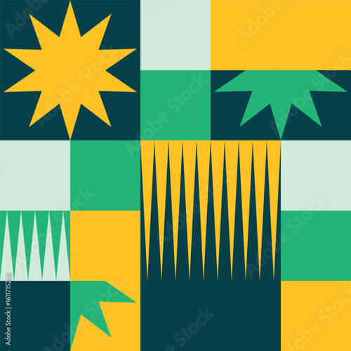 Geometric banner pattern with squares, zigzags, stars in modern style for identity, social media, print, wallpaper, web