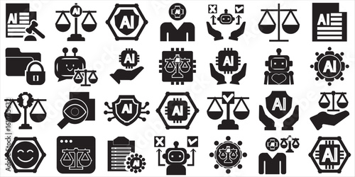 Ai ethics icons. Technology related icons: fairness, transparency, data privacy etc.  vector  illustration isolated on white background. EPS 10/AI