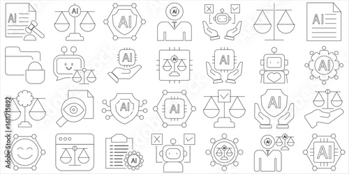Ai ethics icons. Technology related icons: fairness, transparency, data privacy etc.  vector  illustration isolated on white background. EPS 10/AI