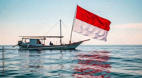 Wallpaper Mural Boat Sailing with Indonesian Flag on Calm Sea During Peaceful Day Torontodigital.ca