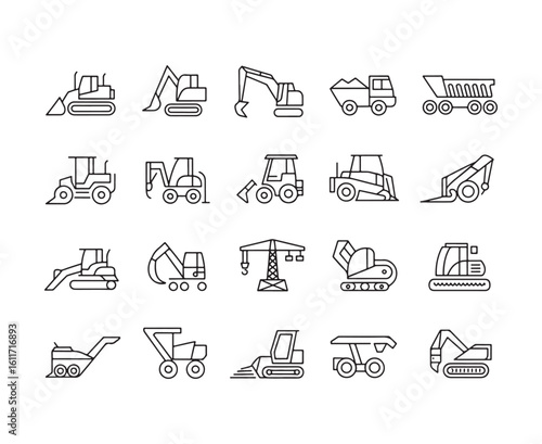 Collection of construction vehicle line art icons including excavators loaders and dump trucks construction vehicles