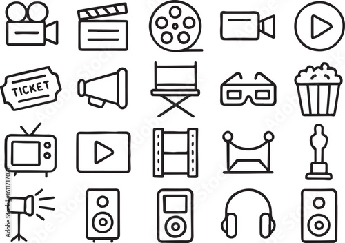 Collection of hand drawn cinema and movie icons