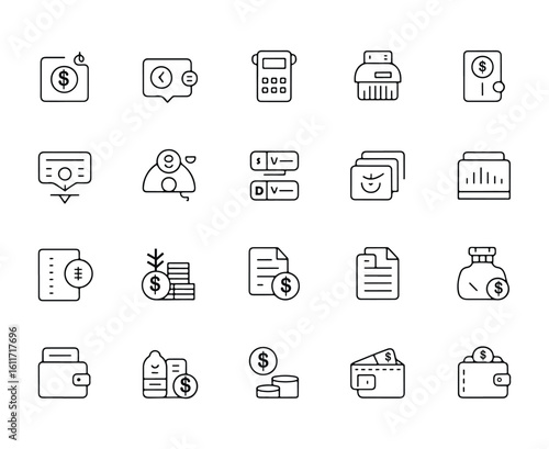 Collection of financial and business related outline icons finance money