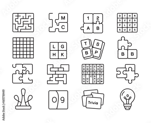 Collection of game and puzzle icons including maze crossword word search and lightbulb letters