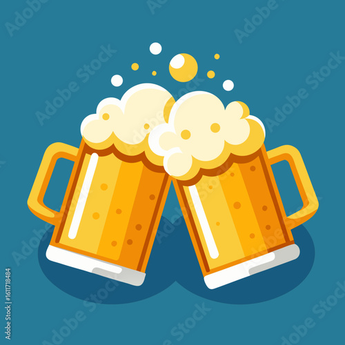 Golden Beer Mugs Toasting with Foamy Heads