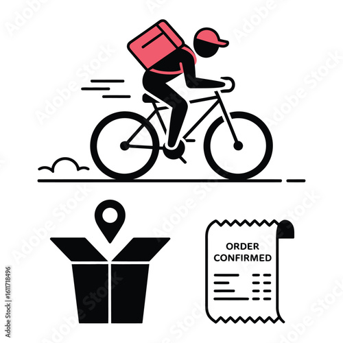 Food delivery icon set featuring bike courier, takeout box, location pin, and order receipt in black and white vector silhouette