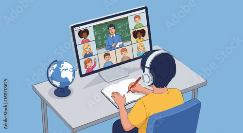 Student learns online with teacher and classmates via video call
