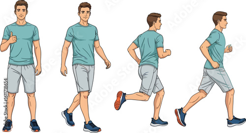 Man demonstrating walking and running poses, perfect for fitness content