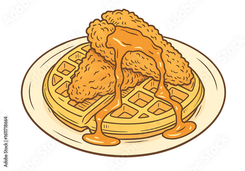 Chicken and Waffles with Syrup Breakfast Comfort Food Cartoon