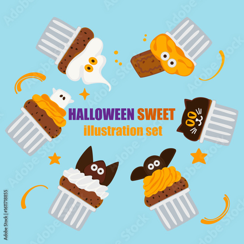 Halloween Cupcakes Scary decorated muffins, small cakes for October 31, and a scary dessert cartoon isolated on a white background. Editable space. For DIY cards. Vector illustration.