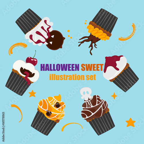 Halloween Cupcakes Scary decorated muffins, small cakes for October 31, and a scary dessert cartoon isolated on a white background. Editable space. For DIY cards. Vector illustration.