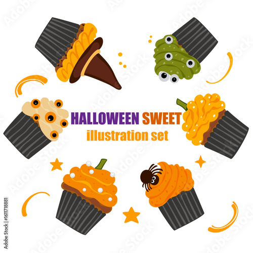 Halloween Cupcakes Scary decorated muffins, small cakes for October 31, and a scary dessert cartoon isolated on a white background. Editable space. For DIY cards. Vector illustration.
