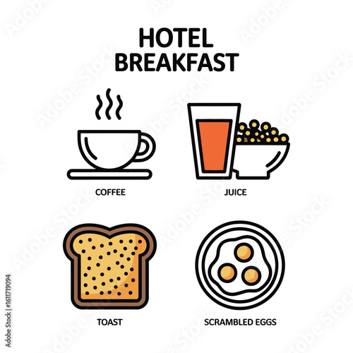 Hotel breakfast icon pack featuring coffee, juice, cereal bowl, toast, and scrambled egg in black and white vector silhouette