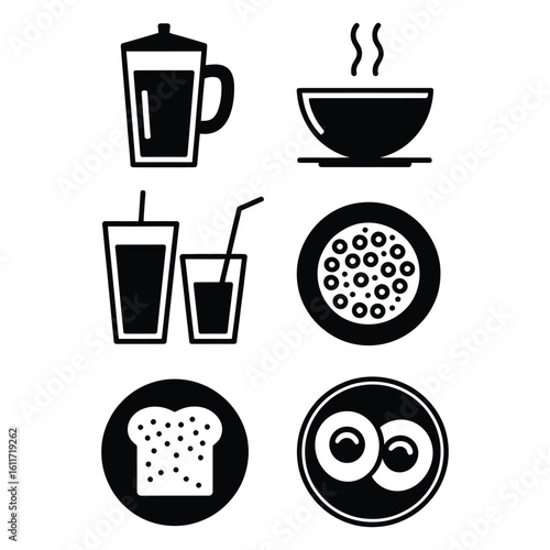 Hotel breakfast icon pack featuring coffee, juice, cereal bowl, toast, and scrambled egg in black and white vector silhouette