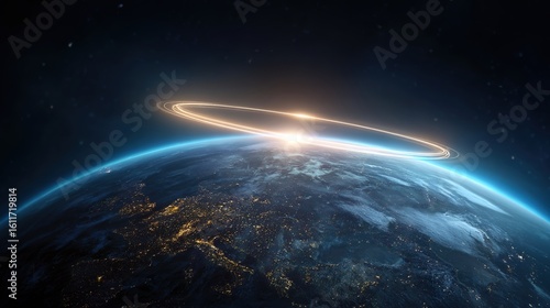 Stunning View of Earth with Ring and Sunrise Over Horizon