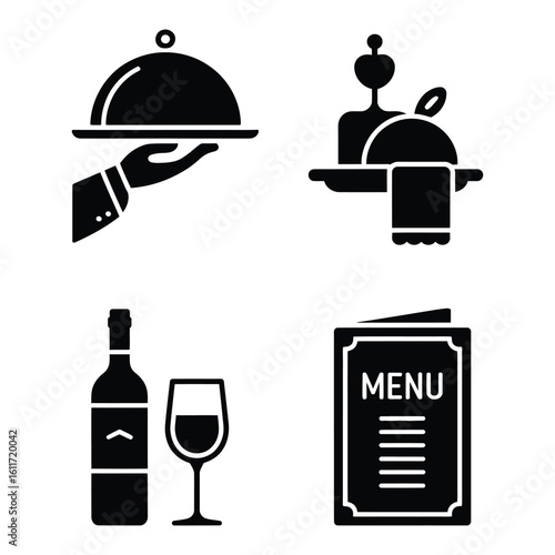 Hotel room service icon pack featuring breakfast tray, bellhop, food cover, wine bottle, and menu in black and white silhouette
