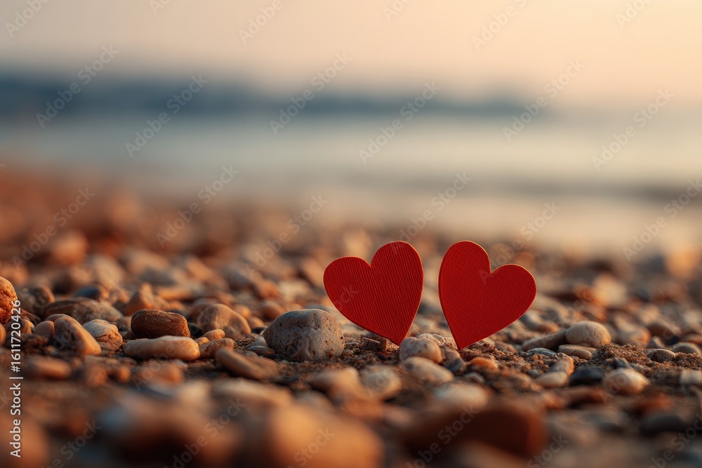 Fototapeta premium Two red paper hearts nestled amongst pebbles on a beach at sunset, ocean softly blurred in background