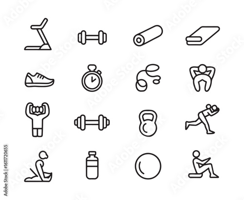 Collection of simple line art icons representing fitness and exercise equipment and activities workout